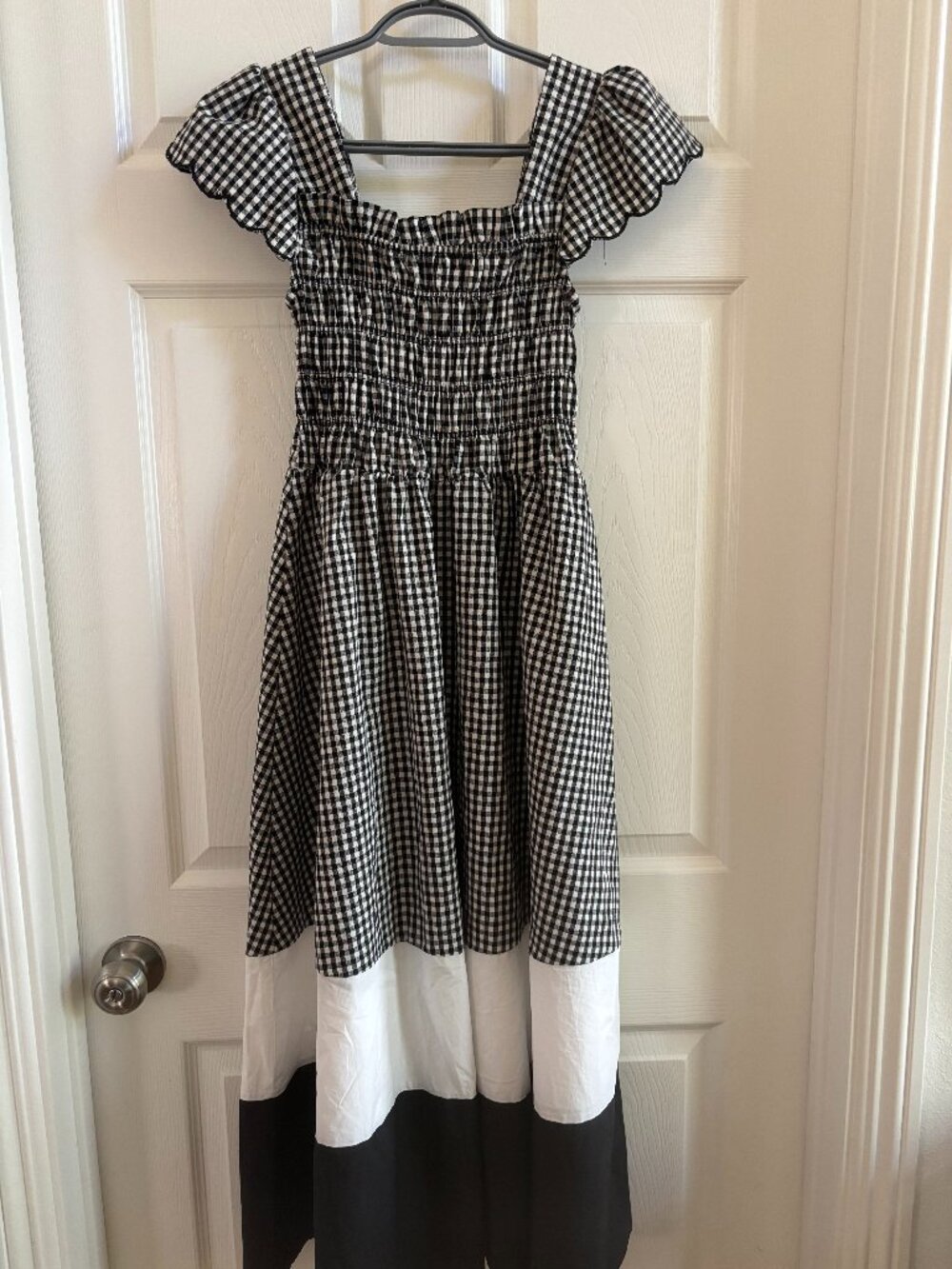 Black White Gingham Smocked Maxi Dress Cotton Stretch Long